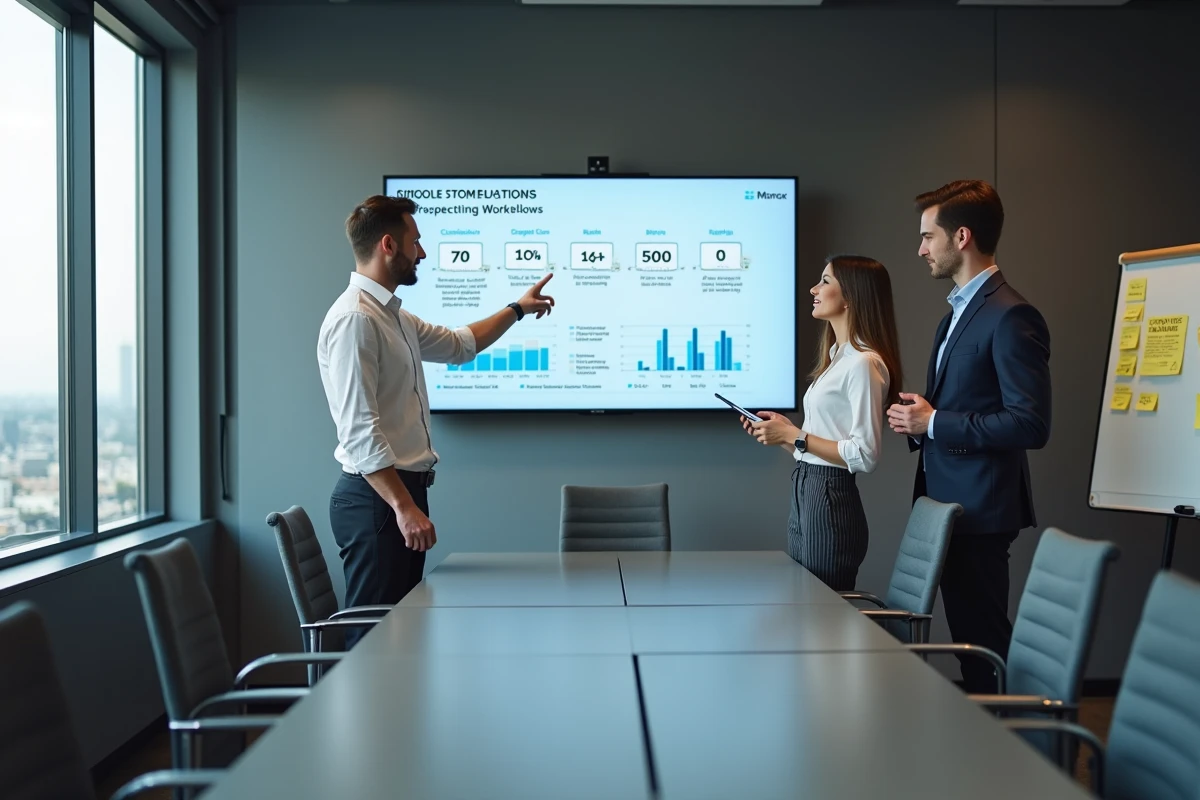 Équipe de professionnels en réunion analysant des indicateurs de performance et des processus de prospection commerciale sur écran interactif en salle de conférence
