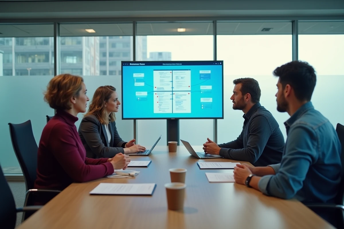 Équipe en réunion analysant les différences entre intranet et portail métier sur écran mural