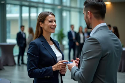 &Eacute;change de cartes de visite lors d'un &eacute;v&eacute;nement de networking B2B en salle de conf&eacute;rence moderne