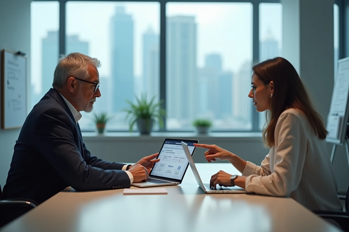 Deux professionnels en r&eacute;union analysant leur strat&eacute;gie de networking B2B sur une plateforme digitale