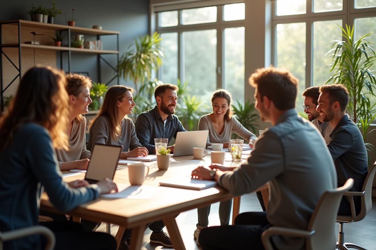 Espace de bureau moderne avec équipe collaborative lumineuse