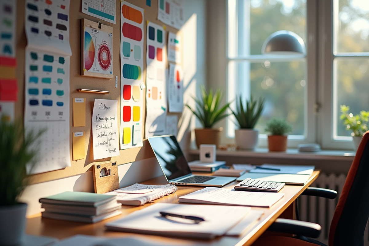 Espace de travail créatif avec échantillons de couleurs et outils d