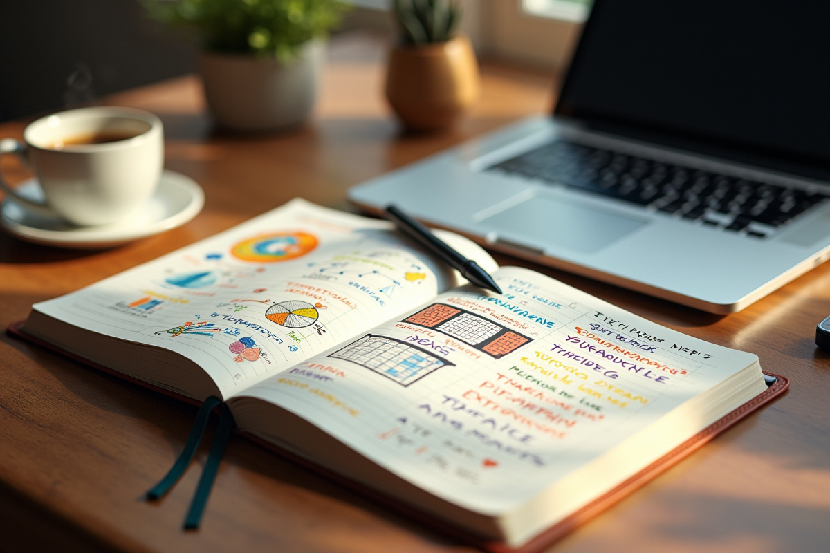 Espace de travail créatif avec notes colorées et ordinateur