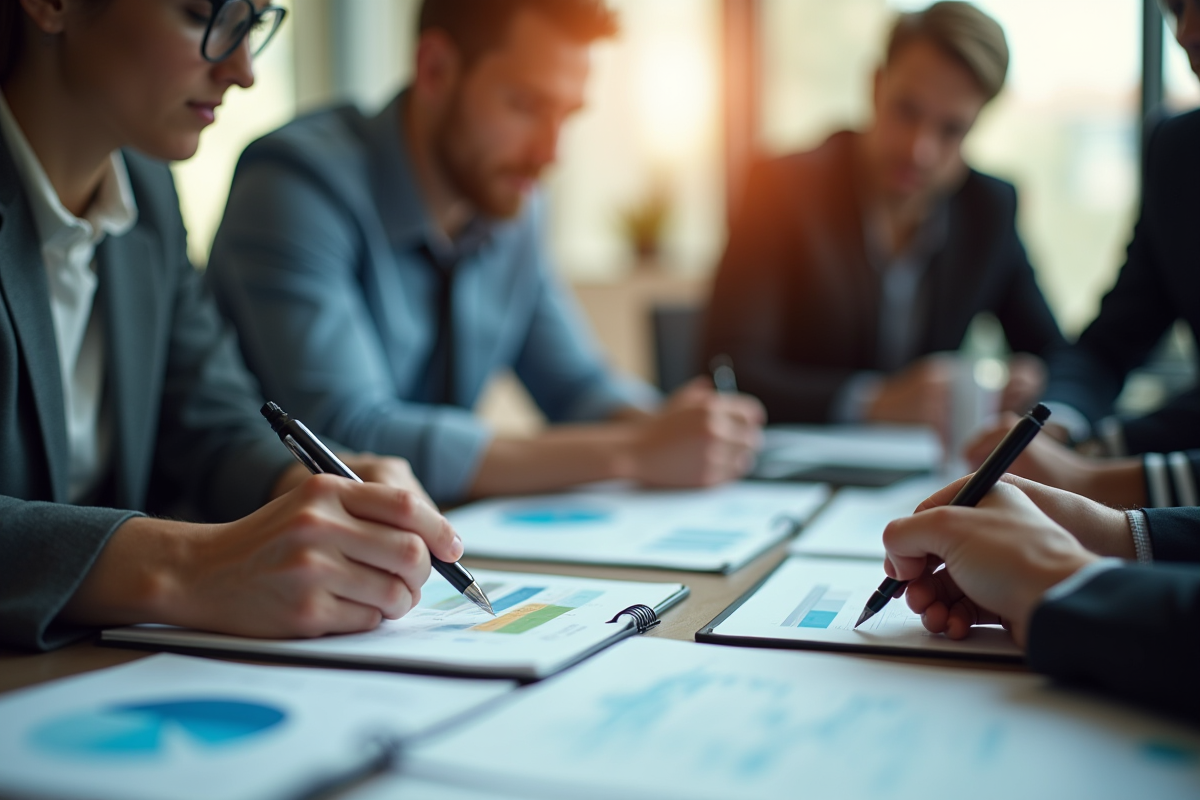 Espace de travail ouvert avec employés écrivant des notes stratégiques