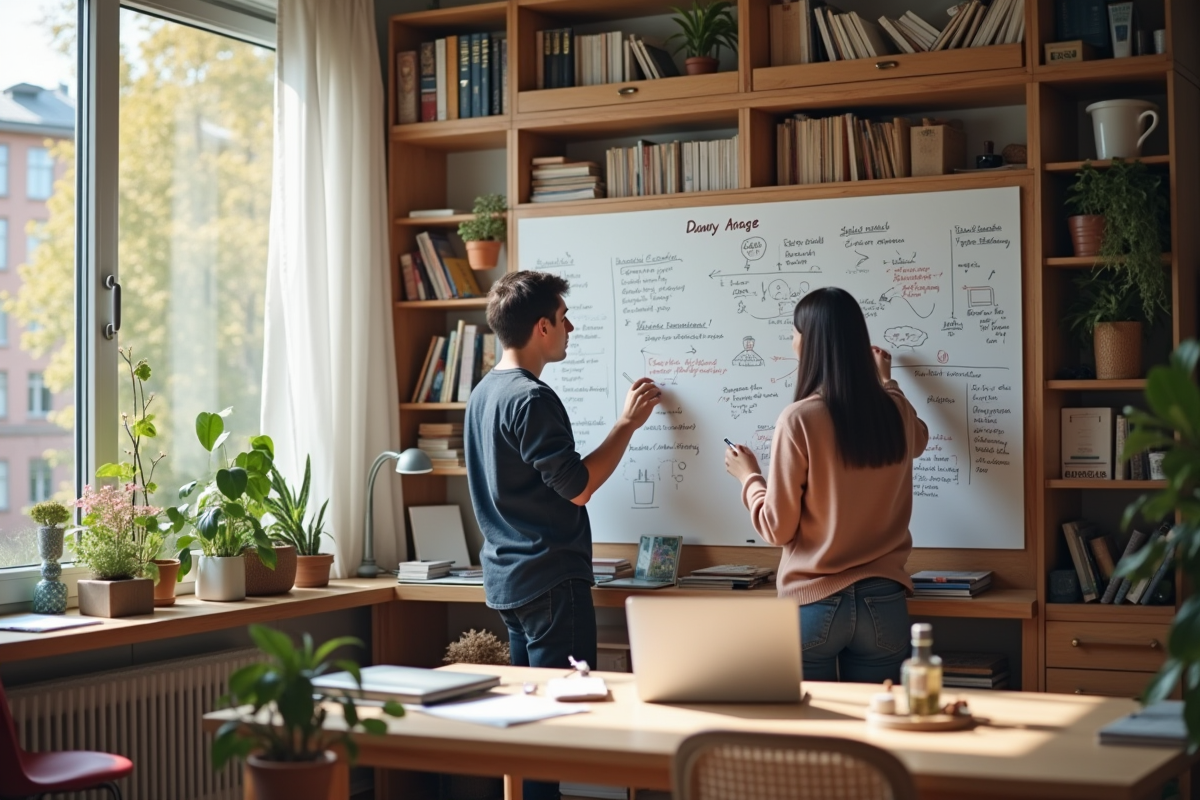 Espace de travail créatif à domicile avec deux personnes brainstorming