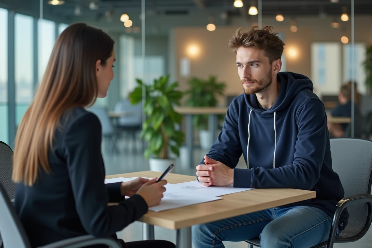 Jeune étudiant discutant d'un contrat de travail avec un responsable RH en entreprise