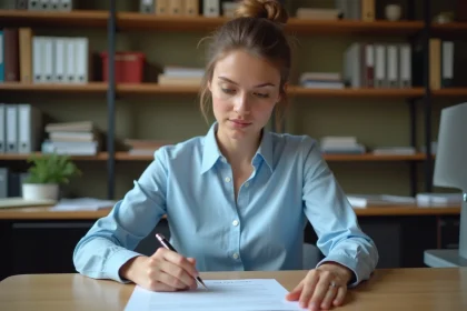 Étudiante en train de relire un contrat de travail CDD dans un bureau universitaire