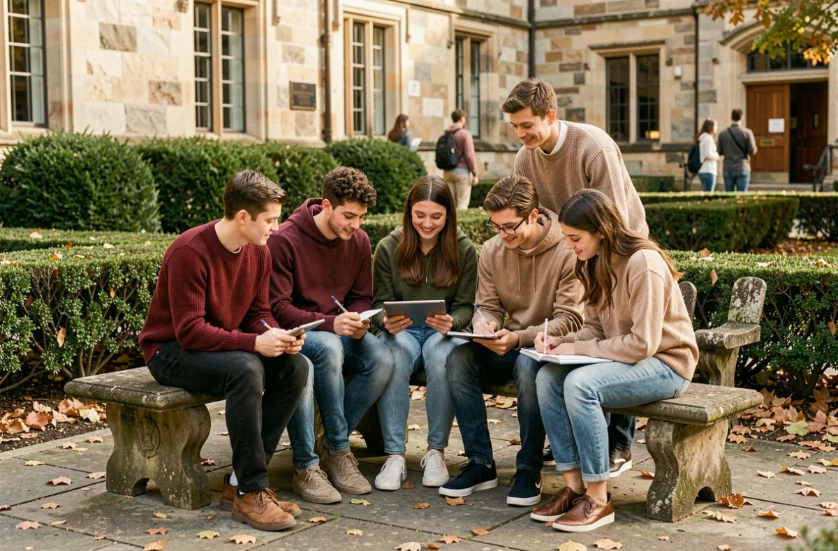 Groupe d'étudiants réunis dans une cour d'université en automne, travaillant ensemble sur un document partagé en plein air