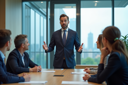 Homme d'affaires en costume navy lors d'une réunion