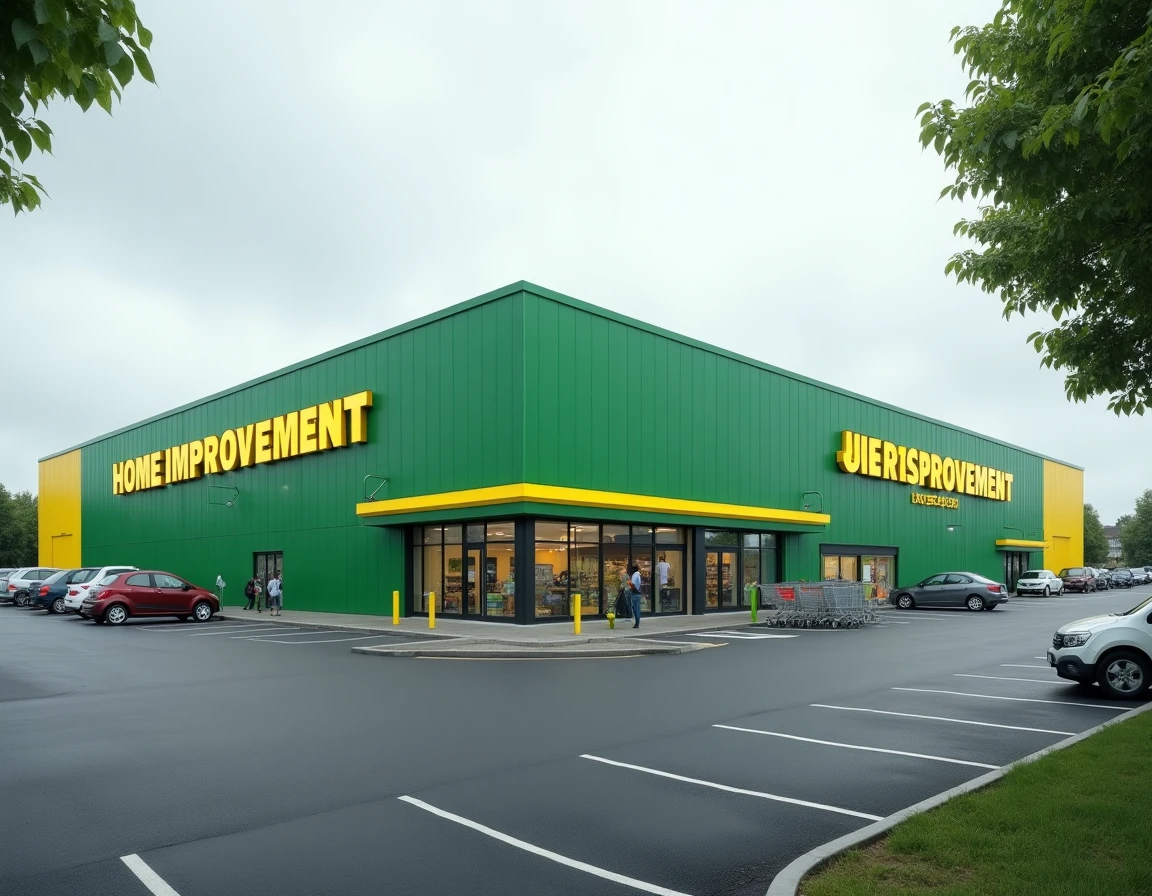 Façade extérieure d'un grand magasin Leroy Merlin en zone commerciale de banlieue française avec parking et signalétique verte