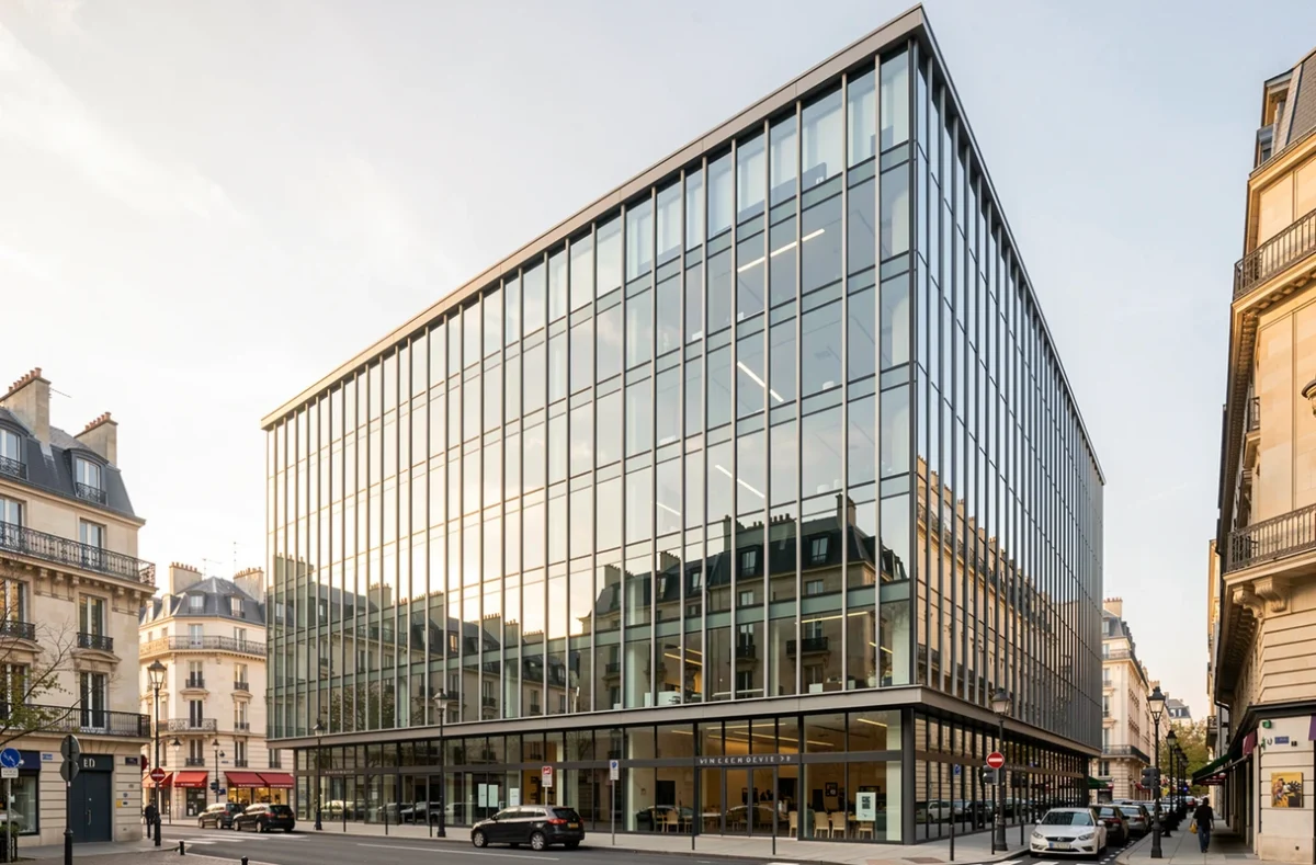 Façade vitrée d'un siège de grande entreprise en ville