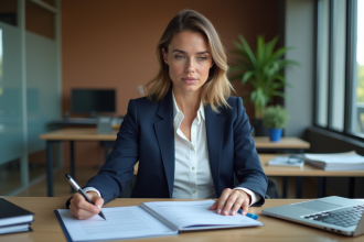 Femme d'affaires examinant un document assurance décennale