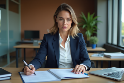 Femme d'affaires examinant un document assurance décennale