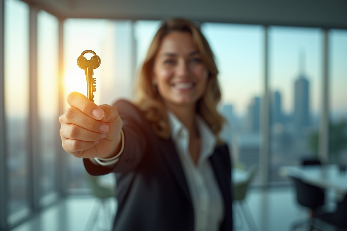 Femme d'affaires confiante tenant une clé en or dans un bureau moderne