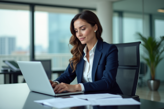Femme d'affaires en costume bleu examine des données salariales