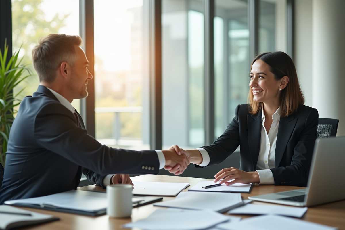 Femme d'affaires serrant la main d'un client dans un bureau