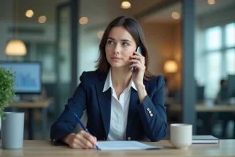 Femme d'affaires en costume au bureau lors d'un appel