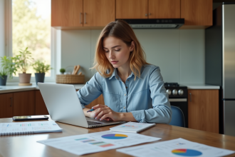 Jeune femme analysant des données SEO dans sa cuisine moderne