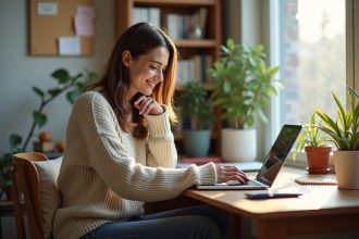 Jeune femme travaillant sur son ordinateur dans un bureau lumineux