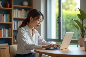 Jeune femme au bureau en train d'envoyer un email