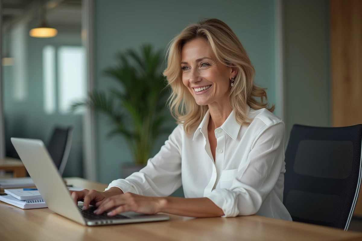 Femme d'affaires souriante tapant sur un ordinateur dans un bureau moderne