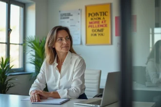 Femme en bureau regardant un poster coloré