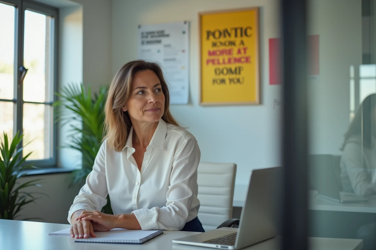 Femme en bureau regardant un poster coloré