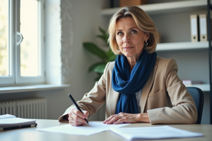 Femme d'âge moyen en bureau écrivant une lettre