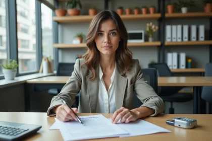 Femme en bureau examinant des documents de salaire