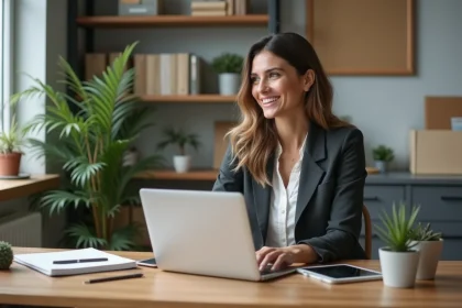 Femme en bureau moderne travaillant sur son ordinateur portable