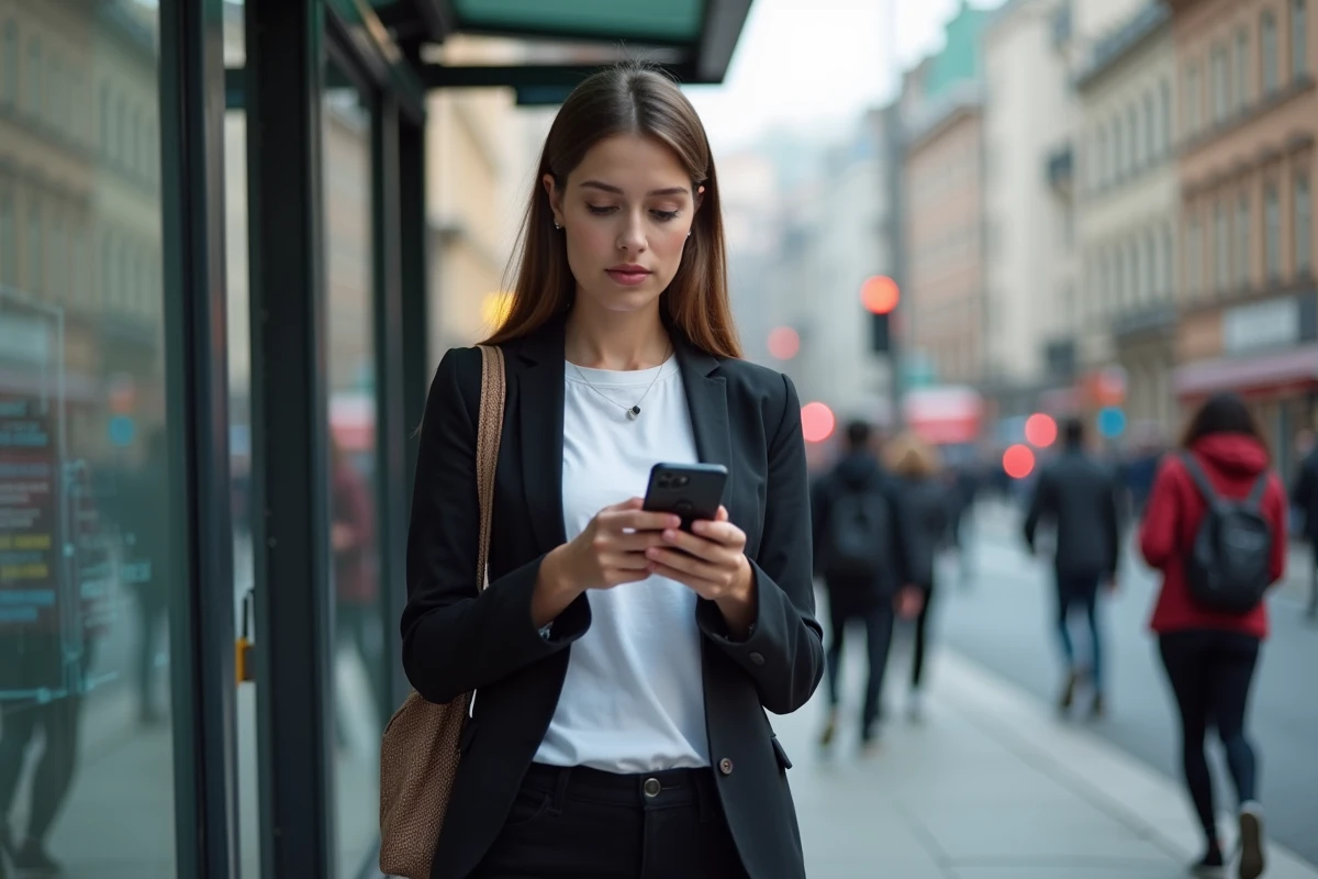 Jeune femme v&eacute;rifiant une application mobile dans la ville