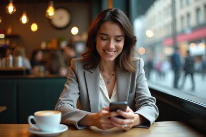 Femme en blazer souriante utilisant son smartphone au caf&eacute;