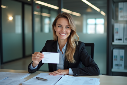 Femme d'affaires présentant sa carte professionnelle dans un bureau