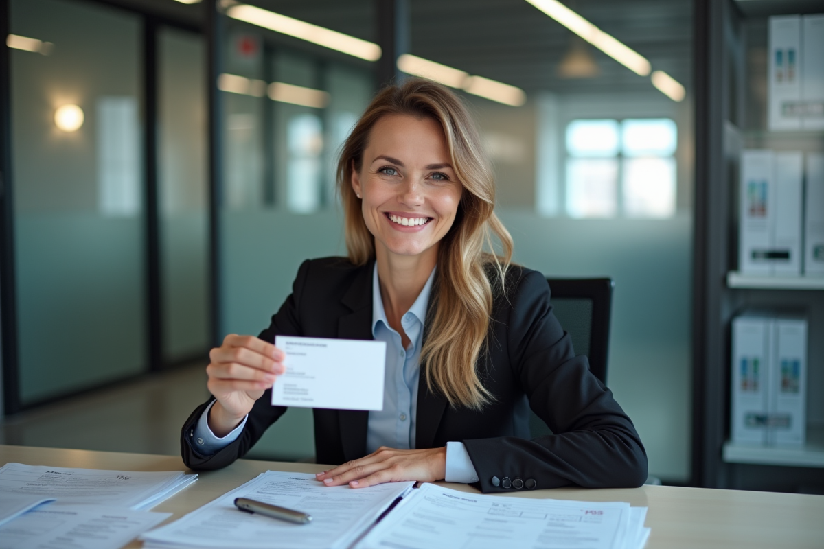 Femme d'affaires présentant sa carte professionnelle dans un bureau