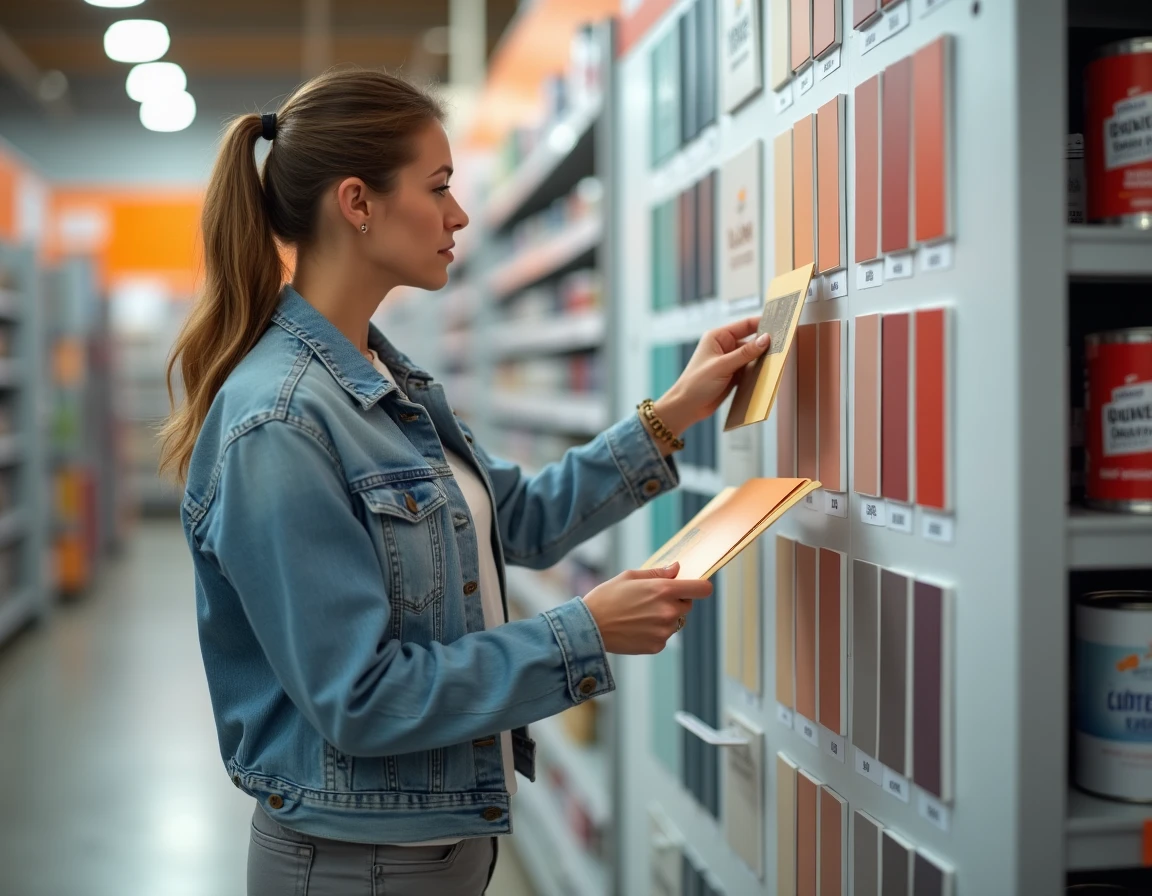 Femme comparant des échantillons de peinture dans le rayon décoration d'un magasin de bricolage Leroy Merlin en France