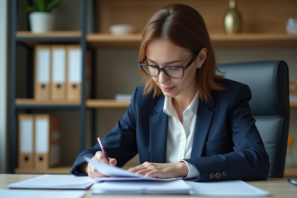 Femme professionnelle en costume lisant des documents de conformité