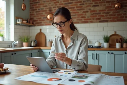Femme consultant des plans de r&eacute;novation maison sur une tablette avec des &eacute;chantillons de couleurs et des documents de projet pos&eacute;s sur une table en bois dans une cuisine moderne