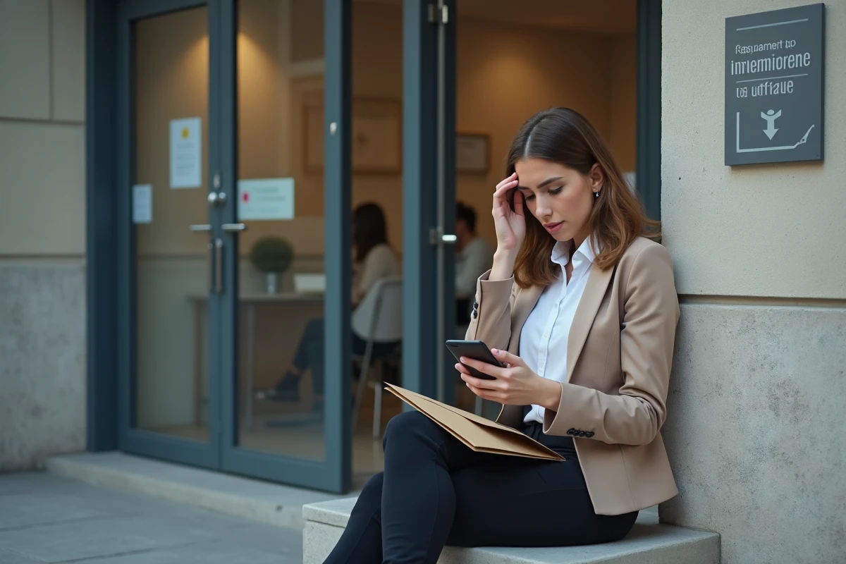 Jeune femme attente devant un bureau de ch&ocirc;mage