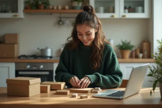 Femme en cuisine préparant des colis pour sa boutique