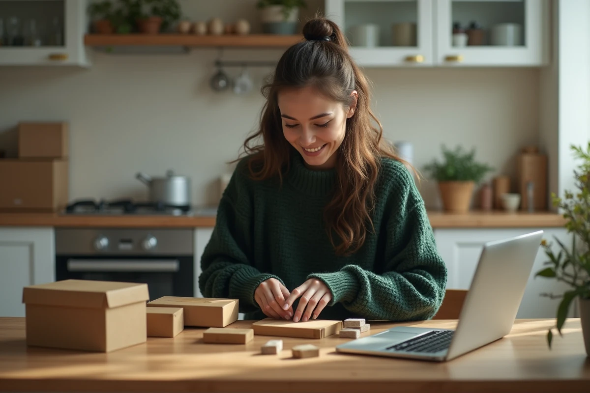 Femme en cuisine préparant des colis pour sa boutique