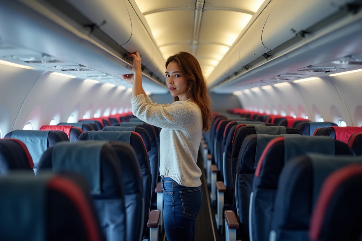 Jeune femme plaçant un bagage cabine dans l