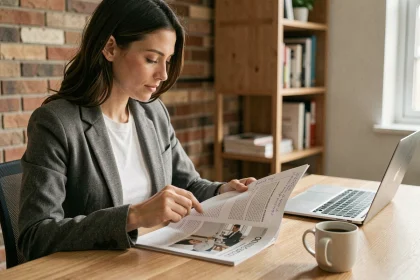 Femme entrepreneur consultant un abonnement au journal des entrepreneurs à son bureau