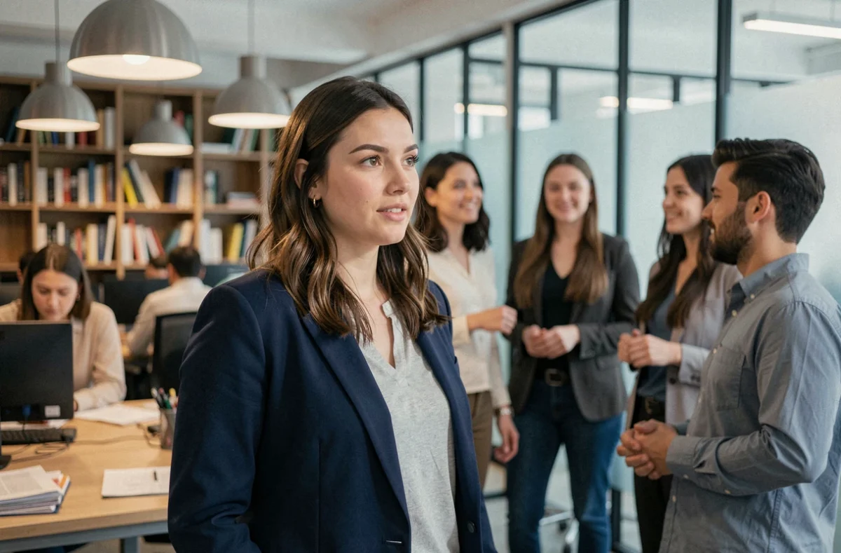 Jeune femme intégrée au sein d'un groupe de collègues dans un espace de coworking contemporain, illustrant le sentiment d'appartenance