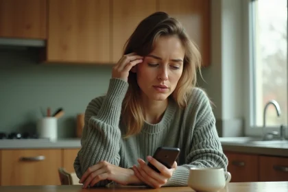 Femme hésitante composant un message sur son téléphone pour s'absenter du travail sans justificatif