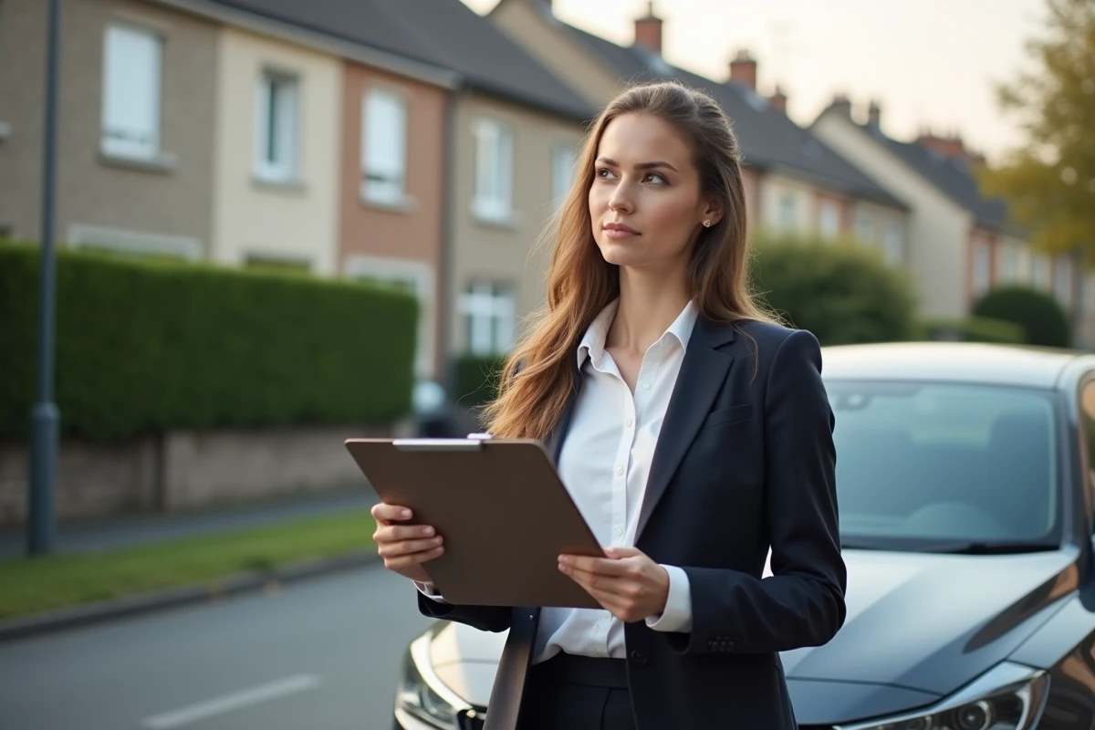 Jeune femme v&eacute;rifiant un rapport immobilier &agrave; l