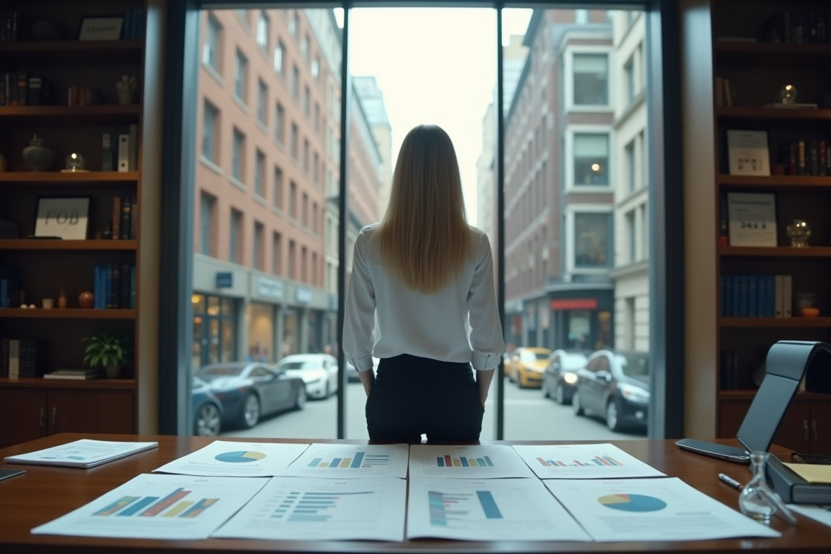 Femme manager regardant des rapports dans un bureau moderne