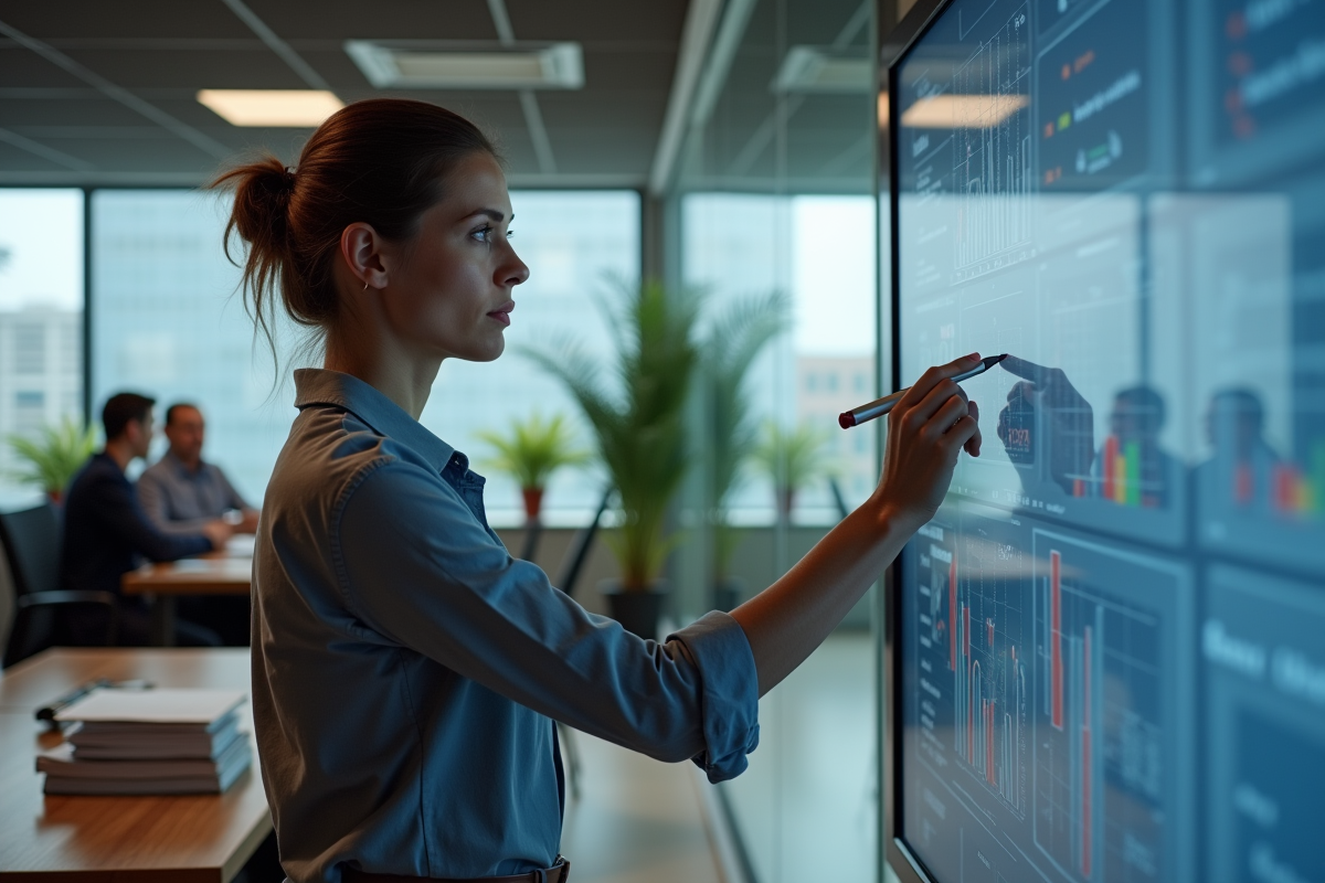 Manager analysant des données sur un écran interactif