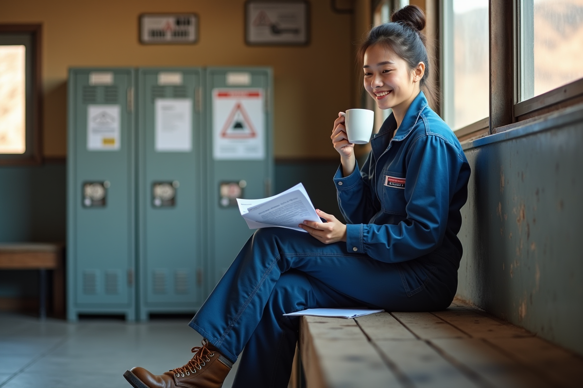 Femme minière lisant des documents dans un vestiaire