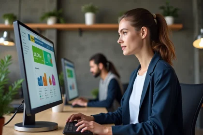 Jeune femme travaillant sur un outil NoCode de création de site ecommerce dans un espace de coworking moderne
