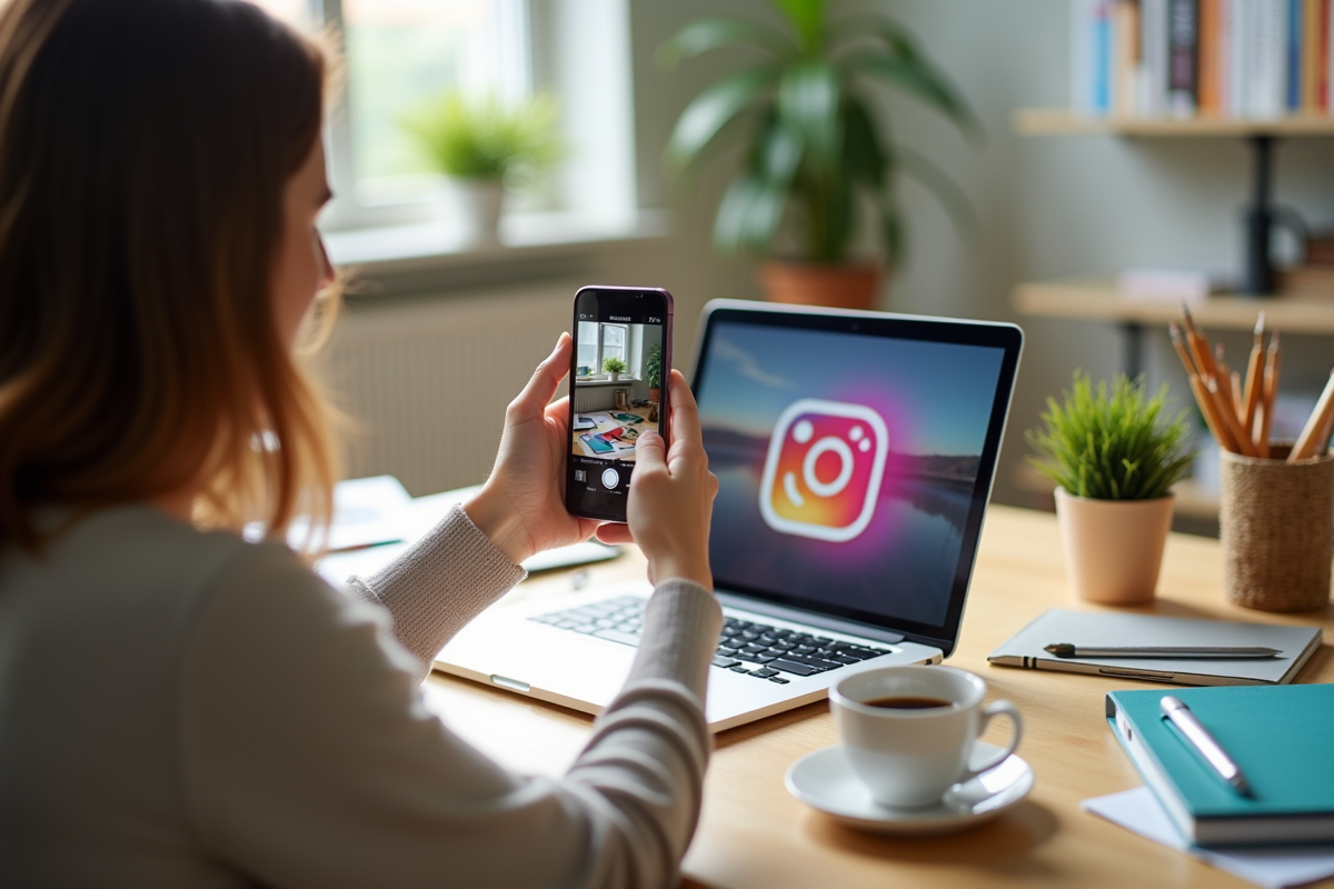 Jeune femme prenant une photo d'un flat lay coloré avec son smartphone